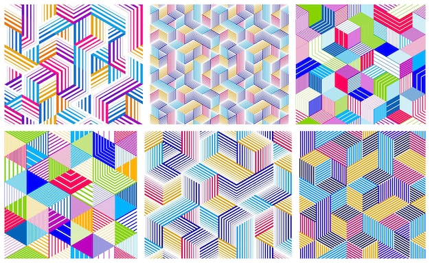 Seamless isometric lines geometric patterns set 3D cubes vector tiling backgrounds architecture and construction wallpaper designs