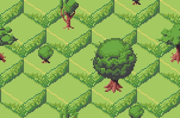 Seamless isometric terrain with trees pixel art pattern