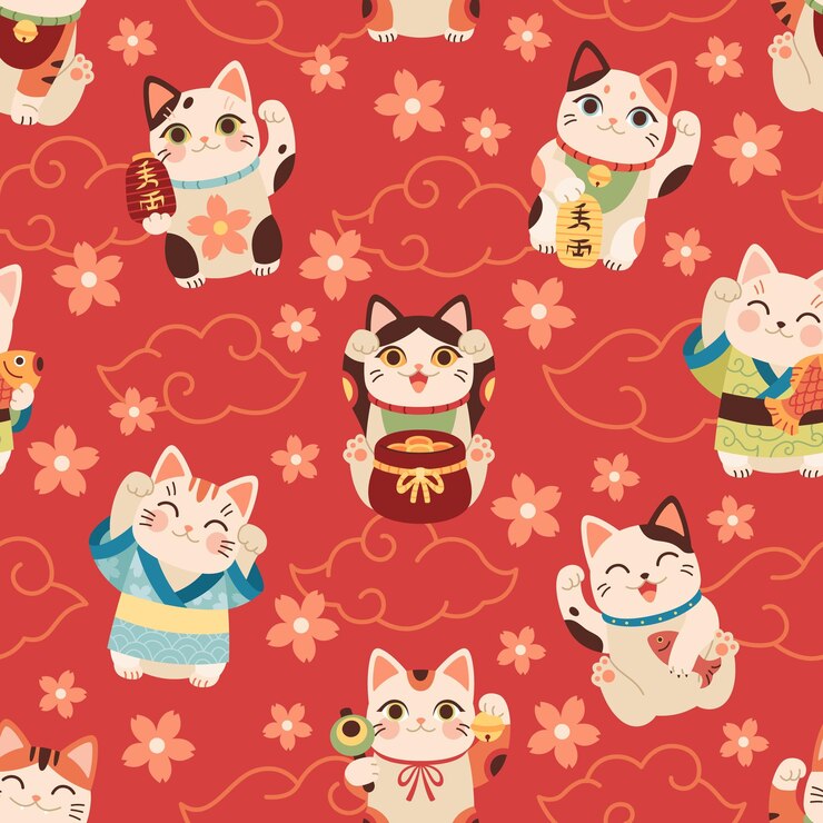 Vector seamless japanese maneki cats pattern lucky asian symbols cartoon fun characters kittens with raised paw hold coins flashlights on red decor textile wrapping wallpaper vector print