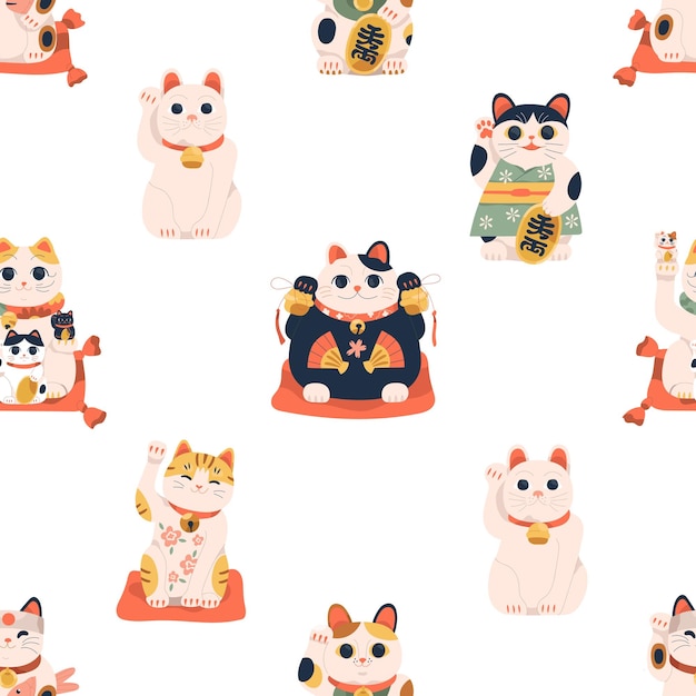 마네키네코 고양이와 매끄러운 일본식 패턴입니다. 행운의 키티 인형이 있는 끝없는 중국 배경. 행운과 돈을 위해 아시아 복고풍 장난감으로 질감을 반복합니다. 컬러 평면 벡터 일러스트 레이 션