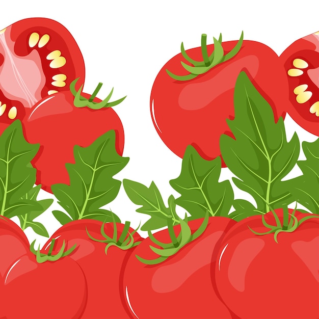 Seamless juicy border of red tomatoes with green leaves