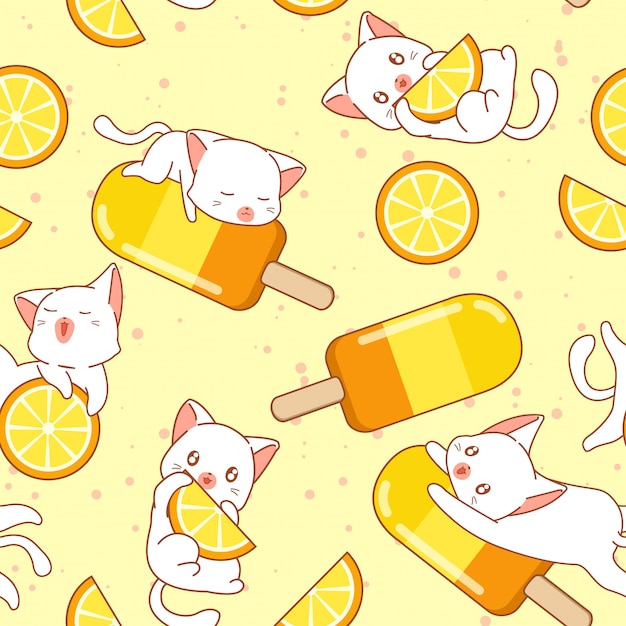 Seamless kawaii cat character and orange ice cream pattern