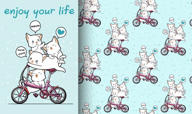 Seamless kawaii cat is riding a bicycle with friends pattern