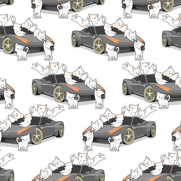 ベクトル シームレスなかわいい猫と自動車のパターン。