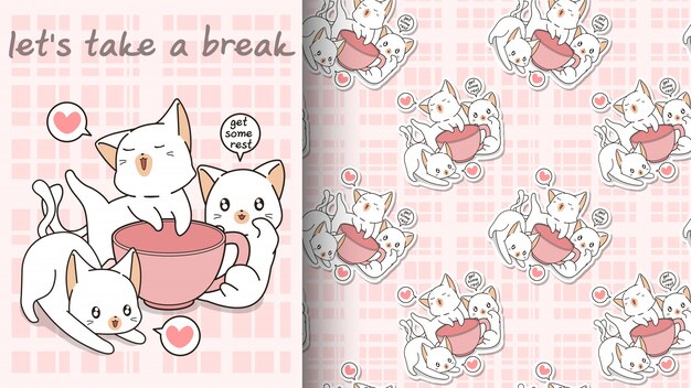 Seamless kawaii cats with a pink cup pattern