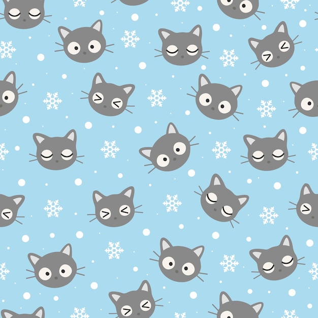 Seamless Kawaii Cute Cats with Snow Pattern Cartoon Animals Background Vector Illustration