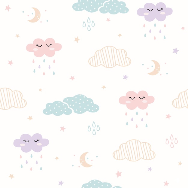 Seamless kawaii cute pattern with clouds and moon design for paper goods background wallpaper wr