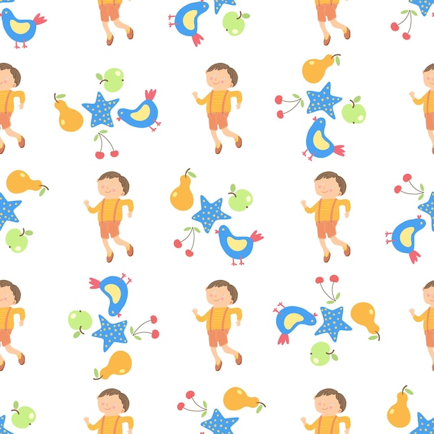 Seamless kids pattern. boy and blue birds. summer fruit design textile. pears and green apples.