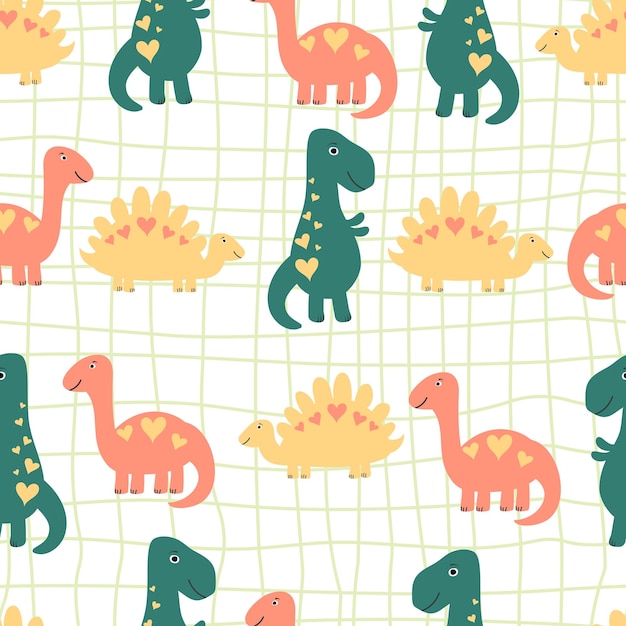 Seamless kids pattern dinosaurs with heart on grid background baby concept wrapping fabric textile