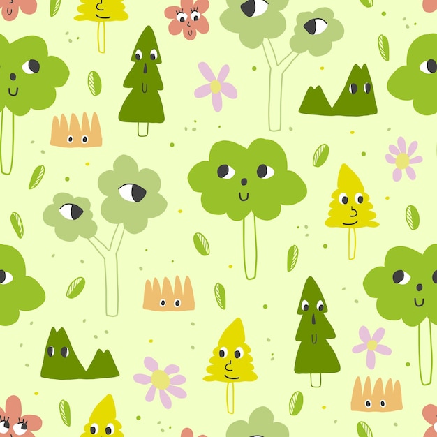 Seamless kids pattern on green background with cute hand draw tree charactors