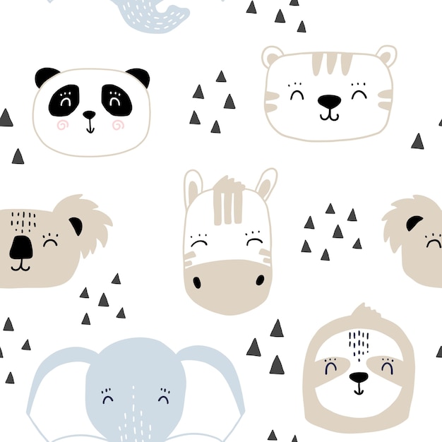 Seamless kids pattern with cute animals faces print with panda zebra tiger elephant koala sloth