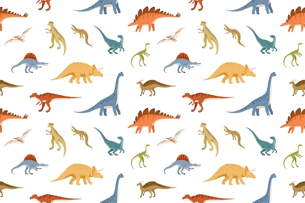 Seamless kids pattern with different dinosaurs on white background. Endless texture with dinos of Jurassic park and ancient prehistorical monsters. Colored flat vector illustration.