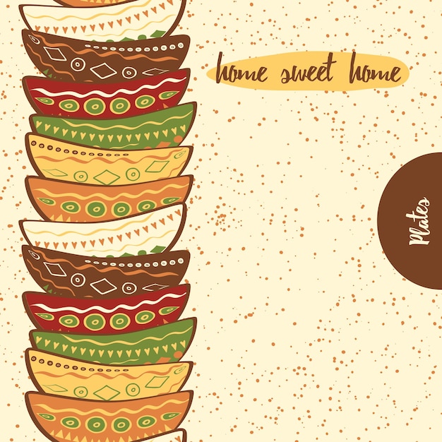 Seamless kitchen border with hand drawing cute colored plates made on doodle style
