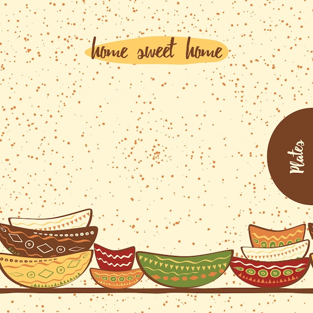 Seamless kitchen border with hand drawing cute colored plates made on doodle style