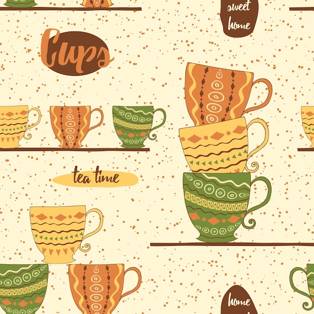 Seamless kitchen pattern with hand drawing cute colored cups on the shelf