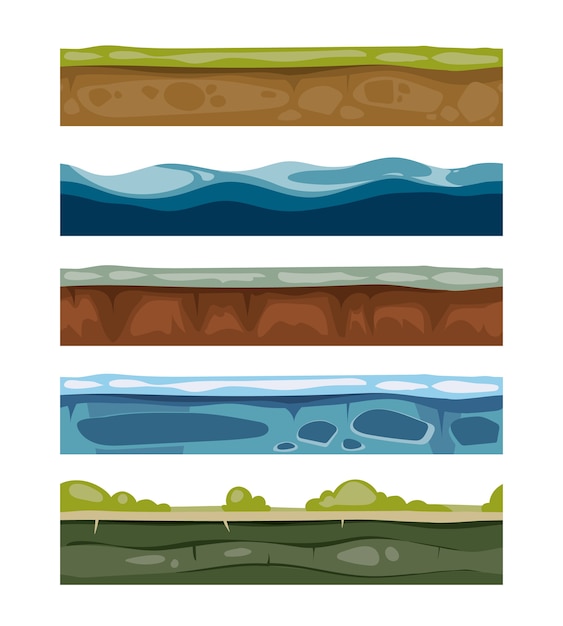 Vector seamless landscape elements. ground, ice, water, grass surfaces for computer games. set of layers fo