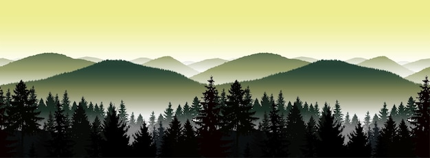 Vector seamless landscape panorama of mountains a fog green and yellow tones
