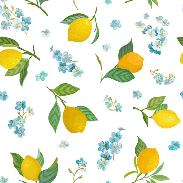 Reticolo senza giunte del limone con frutti tropicali, foglie, non ti scordar di me fiori sfondo. illustrazione vettoriale disegnata a mano in stile acquerello per copertina romantica estiva, carta da parati tropicale, texture vintage