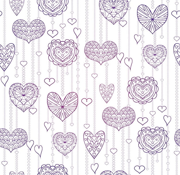 Seamless lilac texture with hanging doodle hearts for your creativity