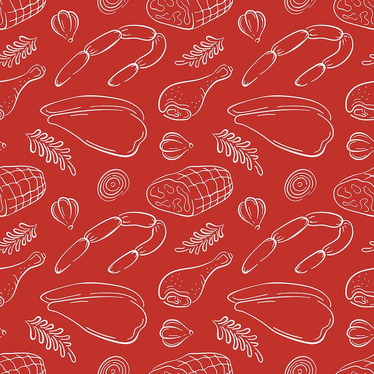 Vector seamless line art pattern of meat product including sausage ham drumstick and herbs on red