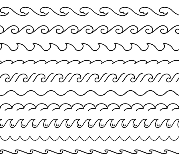 Vector seamless line waves ocean water curls sea wave crest and horizontal nautical divider pattern vector set