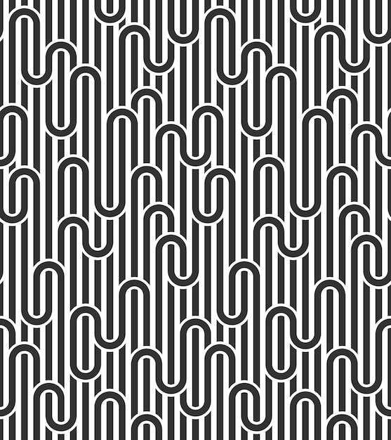 Vector seamless linear vector geometric minimalistic pattern, abstract lines tiling background, stripy weaving, optical maze, twisted stripes. black and white design.