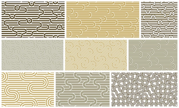 Seamless lines patterns set, stripy geometric vector abstract backgrounds collection, linear stripy net, optical maze, web network.