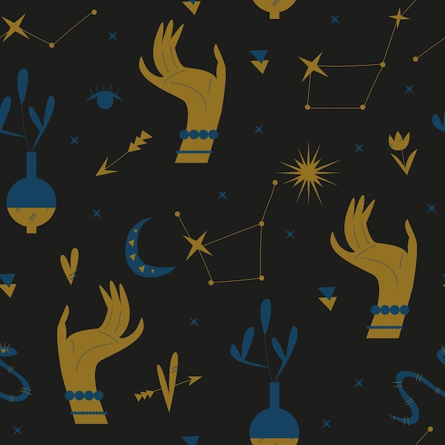 Vector seamless magic dark background mystical pattern with golden hands stars plants and the moon