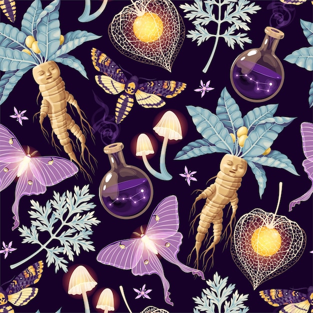 Seamless magic pattern with supply for witchcraft