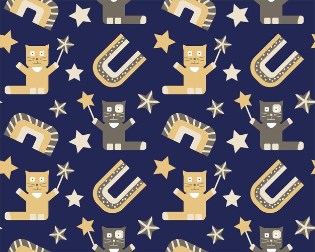 Seamless magical kids pattern cat with wand boho rainbows and stars Baby nursery pattern