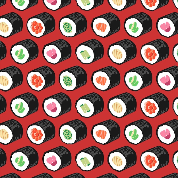 Seamless maki sushi illustration pattern red background