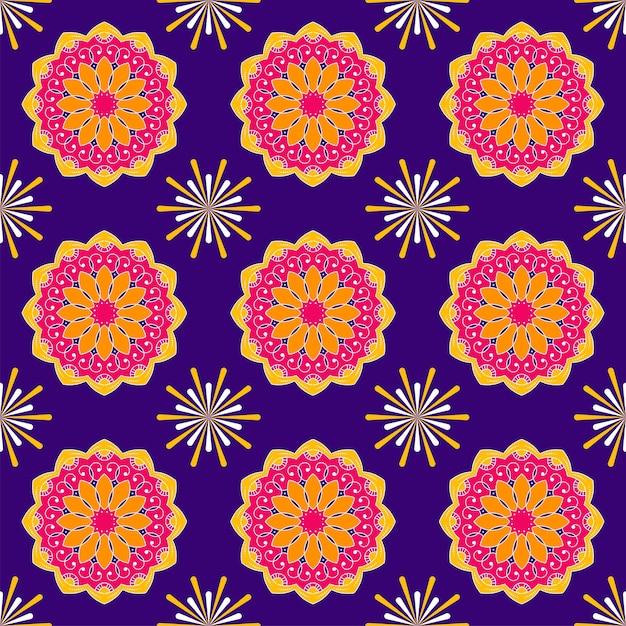 Vector seamless mandala pattern and fireworks background.