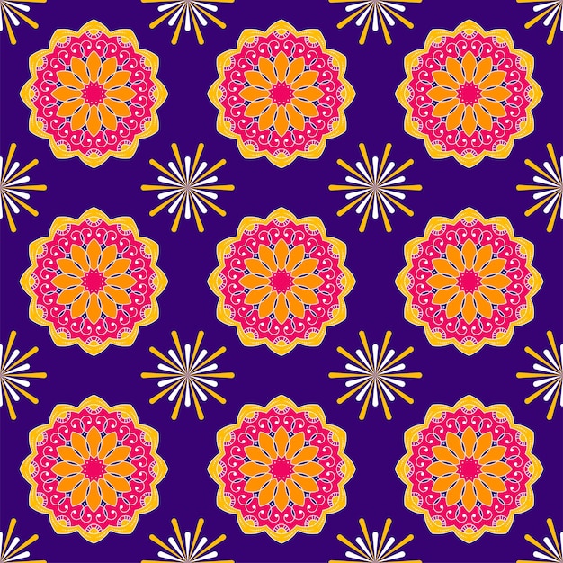 Seamless mandala pattern and fireworks background.