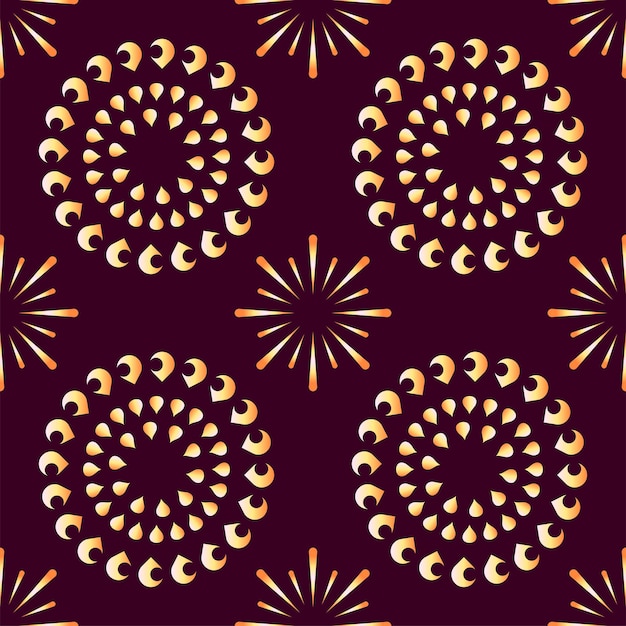 Seamless Mandala Pattern And Fireworks On Burgundy Background.