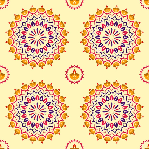 Vector seamless mandala or rangoli decorated with oil lamps (diya) on yellow background.