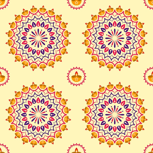 Mandala senza soluzione di continuità o rangoli decorato con lampade ad olio (diya) su sfondo giallo.