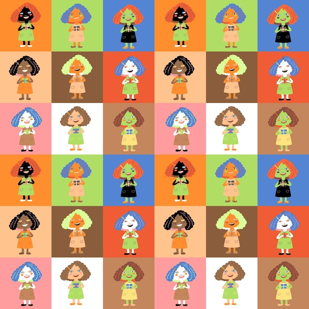 Seamless many colored children pattern. Green and red cartoon kindergarten girls squared background.