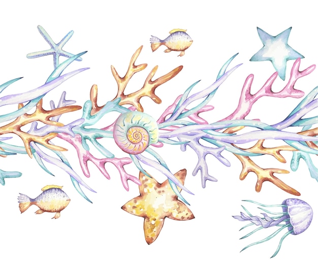 Seamless marine border with jellyfish fish stars algaeWatercolor