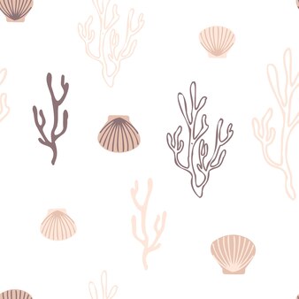 Motivo marino senza cuciture nei toni del beige su sfondo bianco in stile doodle