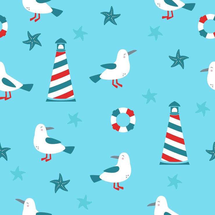 Vector seamless marine pattern creative nautical blue background with seagull lighthouse starfish