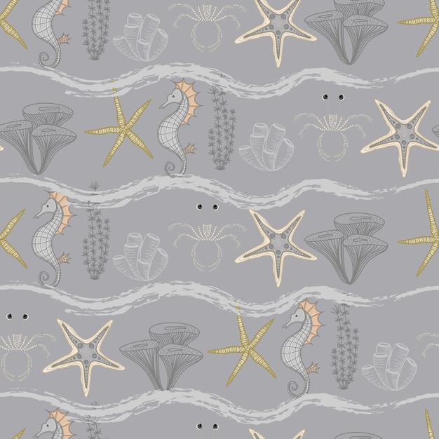 Seamless marine pattern in grey Sea horse and shells in monochrome Ocean and underwater life