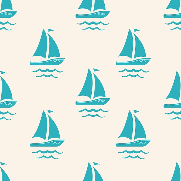 Seamless marine pattern with cute cartoon sailing boats and waves Marine vector illustration