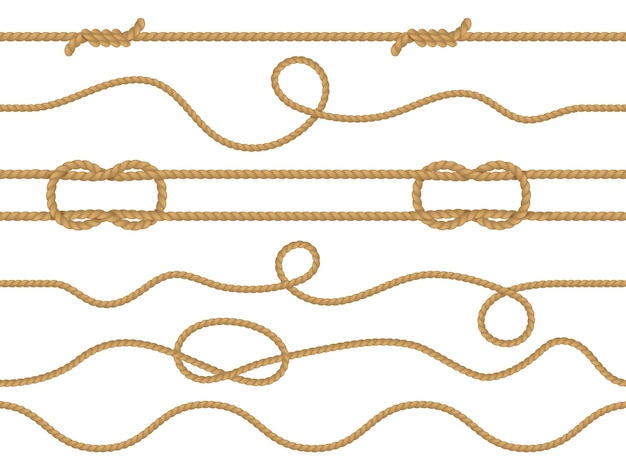 벡터 원활한 해양 로프 항해 매듭 패턴 직선 코드 해양 꼬기 현실적인 황마 또는 대마 로프 장식 벽지 곡선 및 직선 올가미 장식 테두리 벡터 3d 빈티지 세트