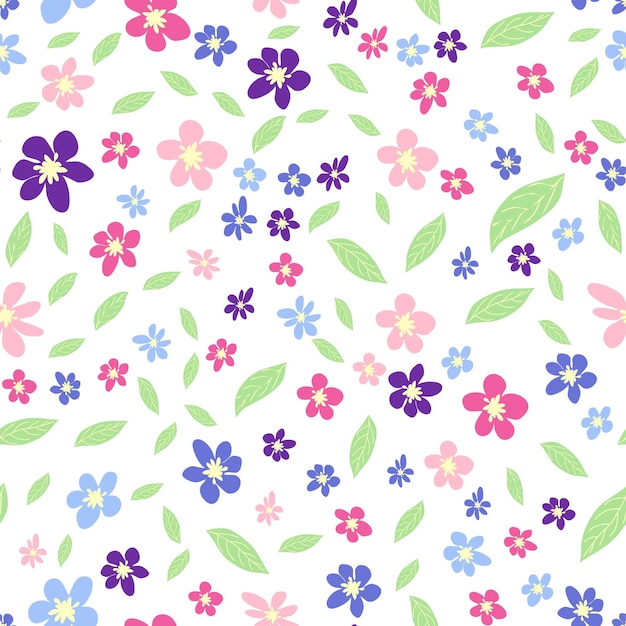 Бесшовный луговой узор с цветами с розовой лавандой, синим фиолетовым цветком ромашки и листьями Детски женственный нежный