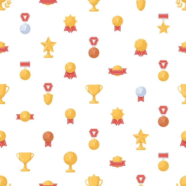 Vector seamless medals and winner cups pattern endless background with gold sports trophies prizes and awards print repeating backdrop with golden silver bronze rewards colored flat vector illustration