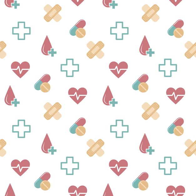 Seamless medical pattern with pills heart and cross