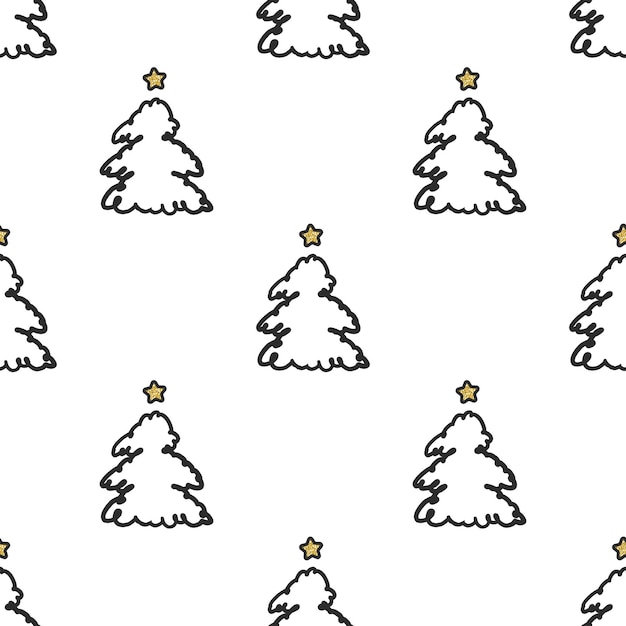 Seamless minimal hand draw christmas pine tree with golden star pattern background