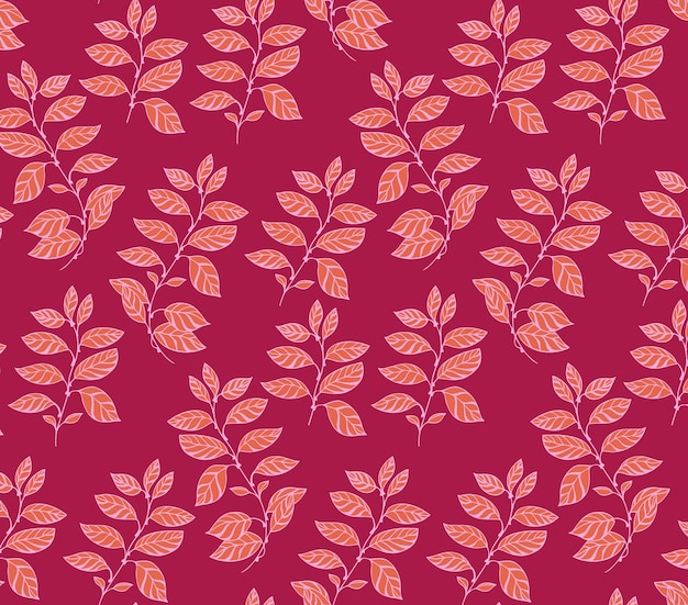 Seamless minimalist stylized branch leaves pattern on a burgundy back Vector hand drawn sketch leaf