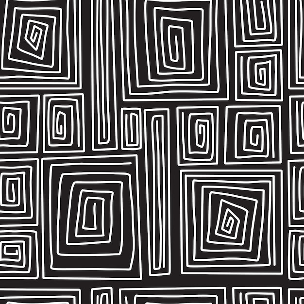 シームレスな近代的な幾何学的なパターン 黒い背景の白い線形の螺旋長方形