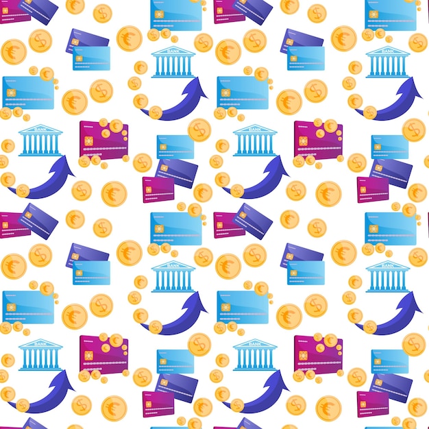 신용 카드와 동전으로 캐쉬백이 있는 은행 테마의 매끄러운 현대적인 패턴